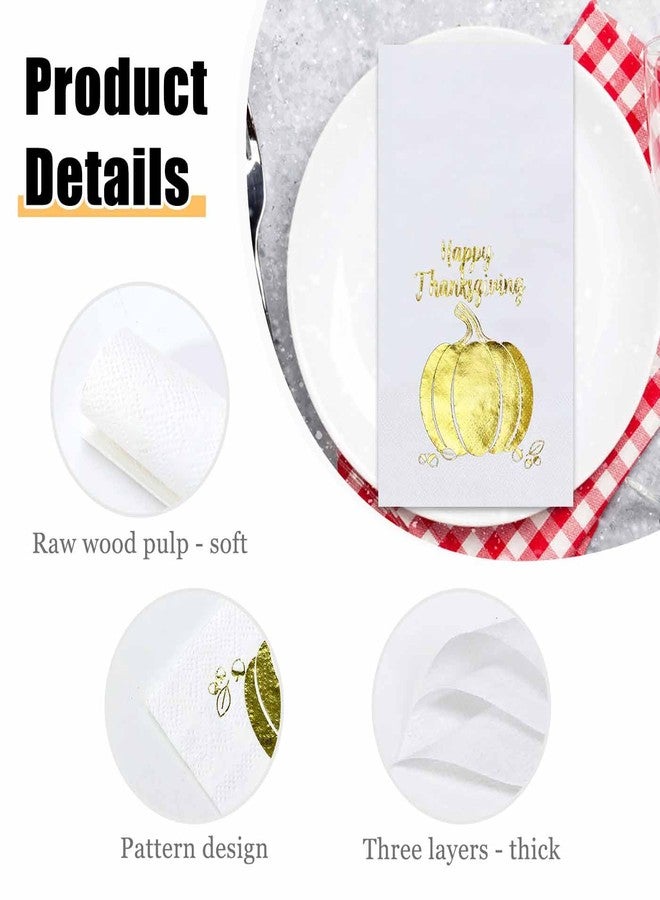 HEIPINIUYE 25 Pieces Happy Thanksgiving Paper Napkins with Gold Foil 3-ply White and Gold Pumpkin Guest Towels Disposable Hand Towels for Bathroom Birthday Fall Thanksgiving Party Dinner Napkins - Image 4